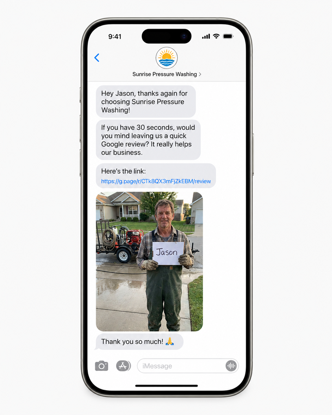 North Rank Media automated Google review request text message example on iPhone